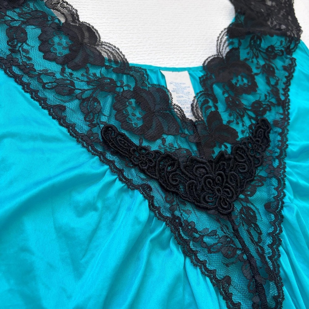 Vintage Nightgown Lace Trim Sleeveless Maxi Teal Blue Large - Picture 8 of 9